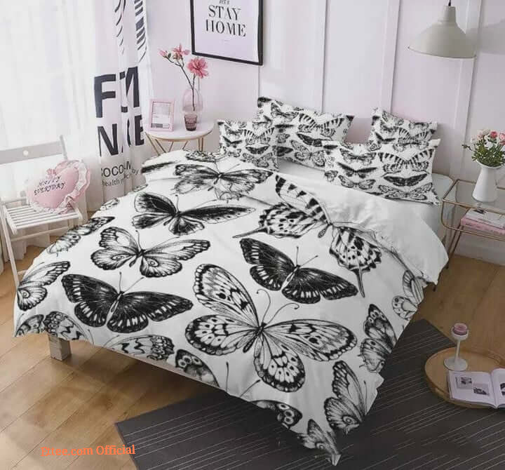 3d Black Butterfly White Cotton Bed Sheets Spread Comforter Bedding Sets