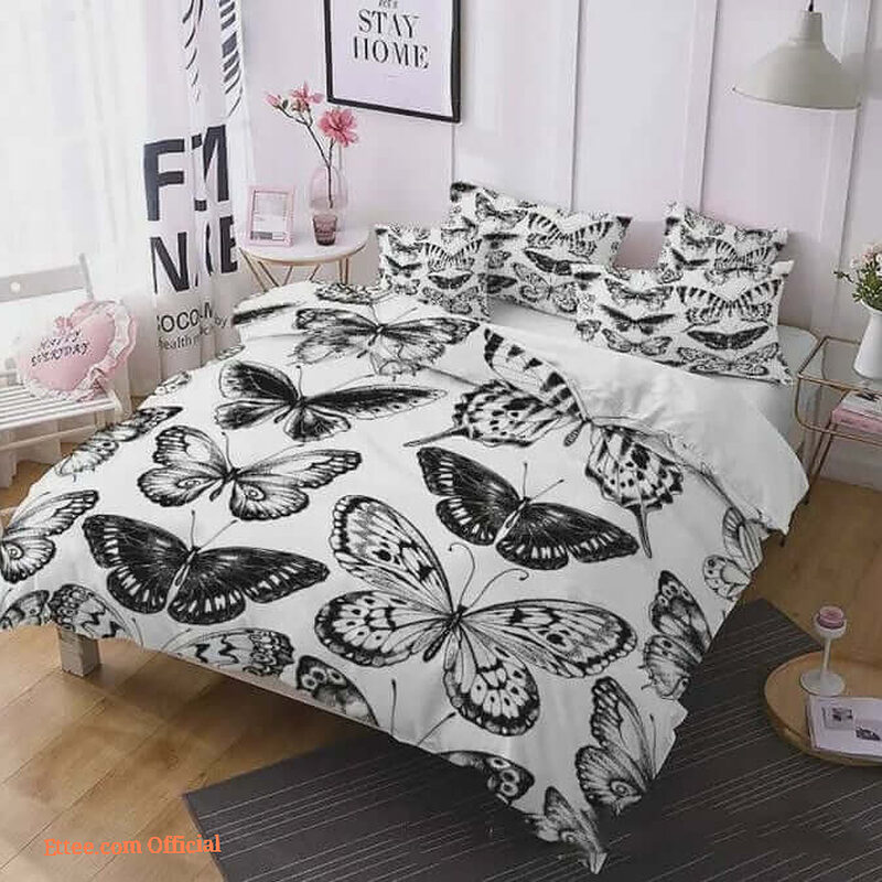 3d Black Butterfly White Cotton Bed Sheets Spread Comforter Bedding Sets - King - Ettee