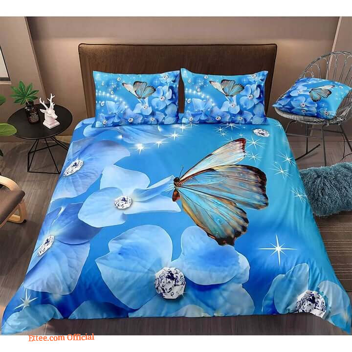 Blue Butterfly And Flower Bedding Set Bed Sheets Spread Comforter  Bedding Sets