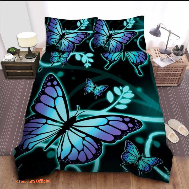 Blue Purple Ombre Butterfly Cotton Bed Sheets Spread Comforter Bedding Sets