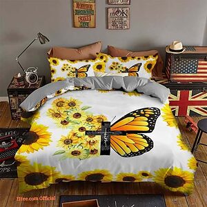 Butterfly And Sunflower Faith Cotton Bed Sheets Spread Comforter Bedding Sets - King - Ettee