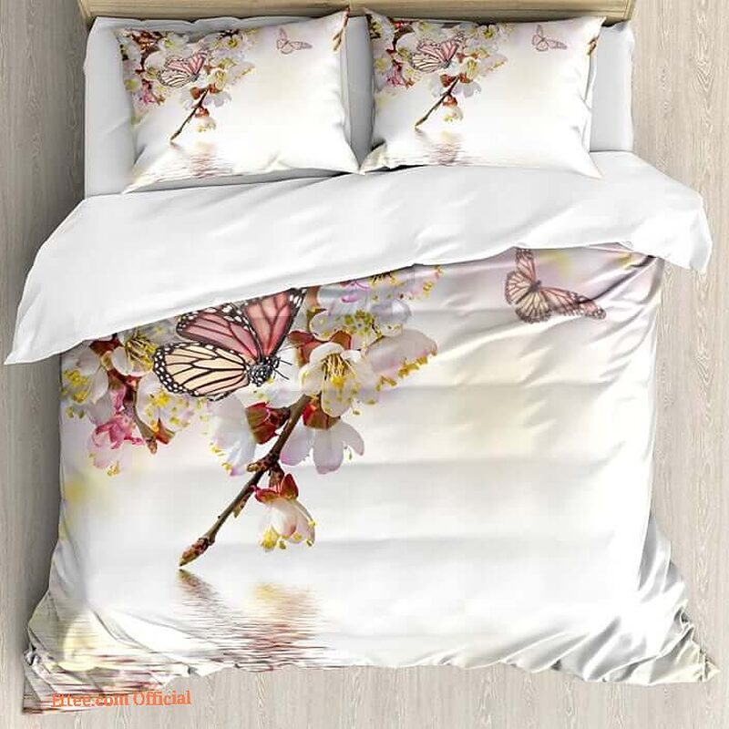 Butterfly With Cherry Blossom Bed Sheets Bedding Sets - King - Ettee