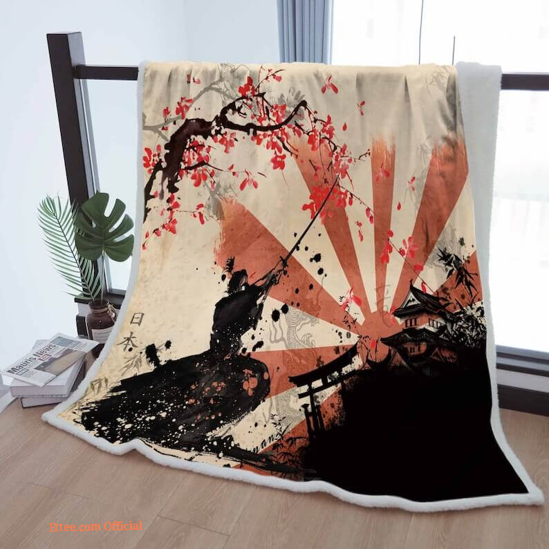 Sherpa Blanket Cherry Blossoms With Samurai Cozy Throw Blankets To Mother Grandma Grandpa Gift Japanese Home Decor