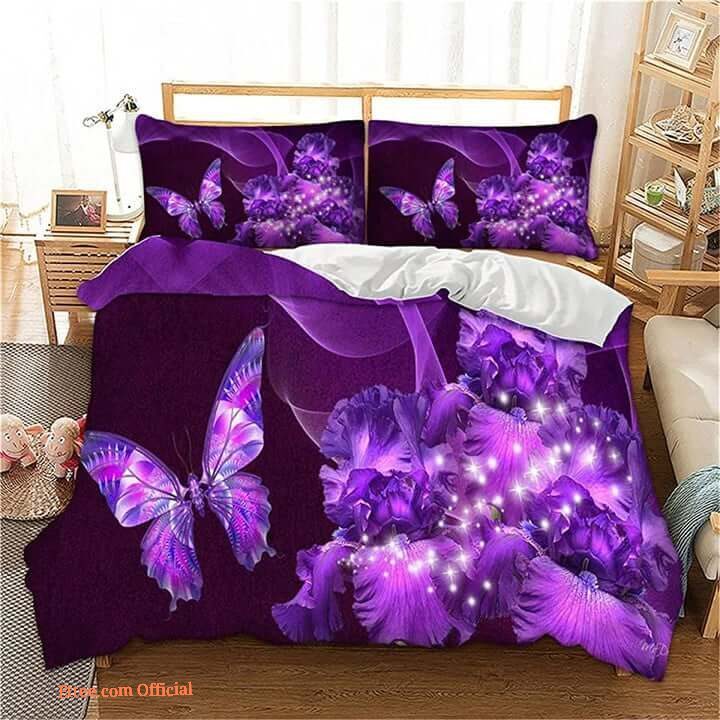 Luxury Purple Butterfly And Flower Bed Sheets Bedding Sets
