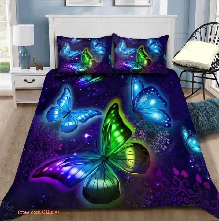 Neon Butterfly Cotton Bed Sheets Spread Comforter Bedding Sets