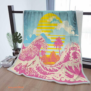 Samurai Sunrise Waves Sherpa Blanket - Cozy Throw for Japanese Home Decor - Perfect Gift for Mother, Grandma, and Grandpa - Super King - Ettee