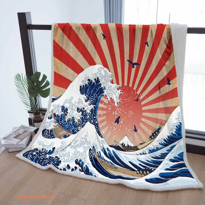 Samurai Sunrise Waves Sherpa Blanket - Cozy Throw for Mother, Grandma, Grandpa - Japanese Home Decor Gift