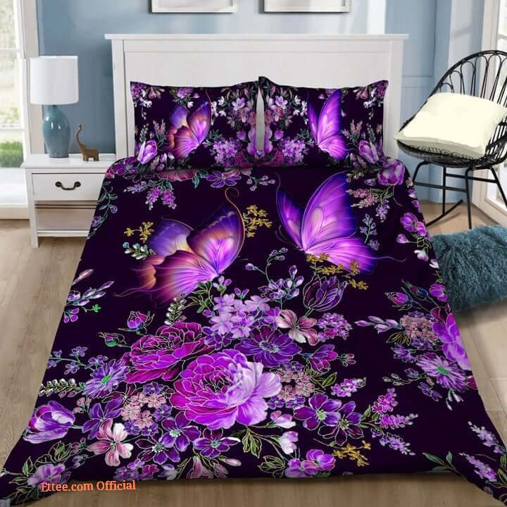 Purple Butterfly And Flowers In Digital Art Bed Sheets Spread Bedding Set