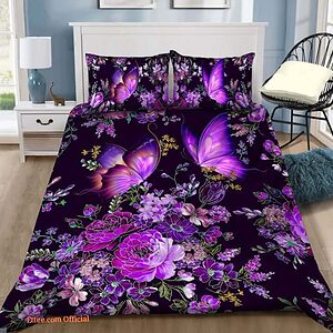 Purple Butterfly And Flowers In Digital Art Bed Sheets Spread Bedding Set - King - Ettee