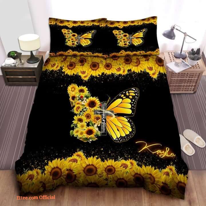 Sunflower And Butterfly Faith In God Black Bedding Set Bed Sheets Spread Bedding Sets