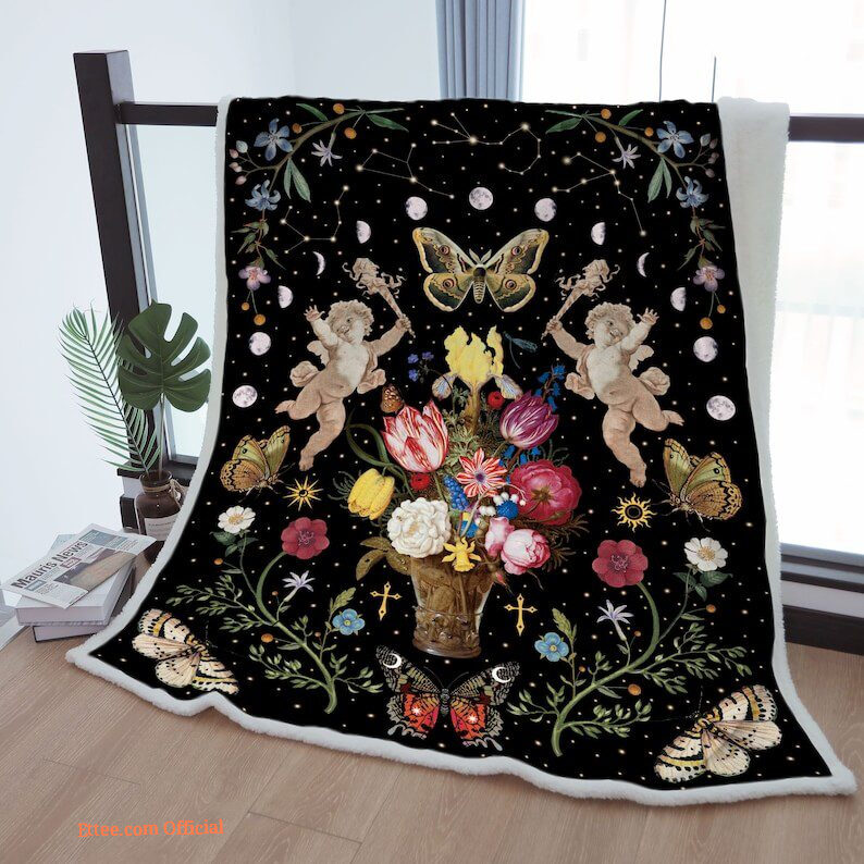 Sherpa Blanket Moon Phase Butterfly Wreath Throw Blanket Starry Sky Angel To Mother Grandma Grandpa Gift