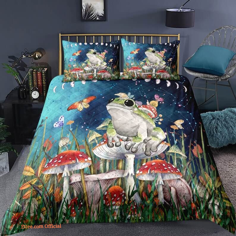 Frog 3pcs Comforter set Mushroom Bedding set Moon phase Quilt set Space Night For Kids Bedroom