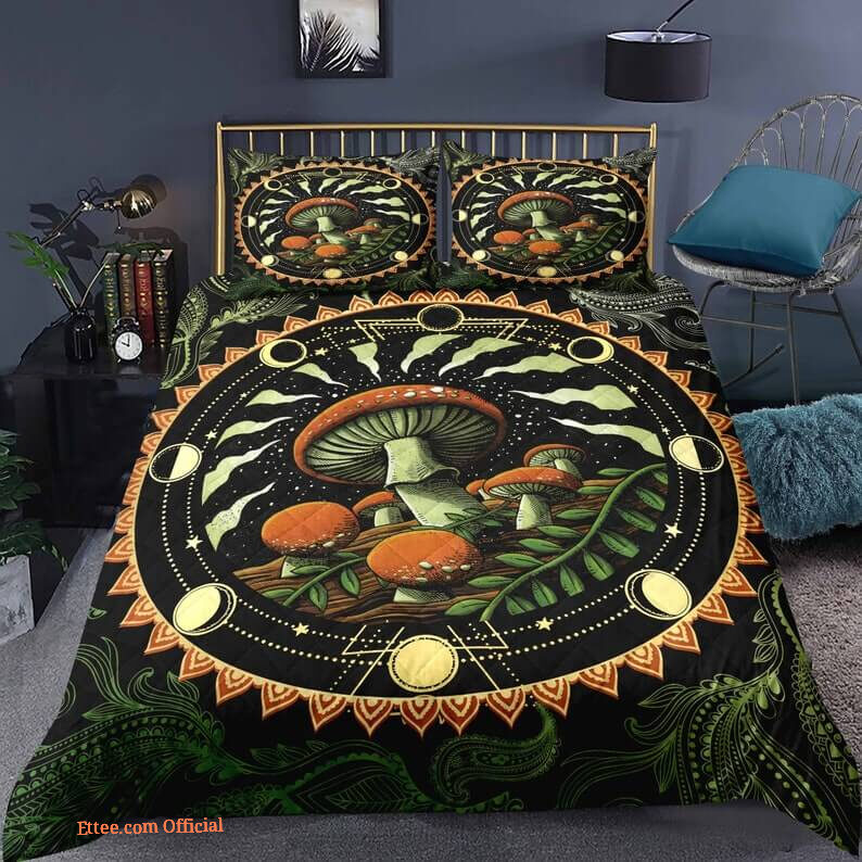 Mushroom 3pcs Comforter set moon phase Bedding set Quilt For Bedroom