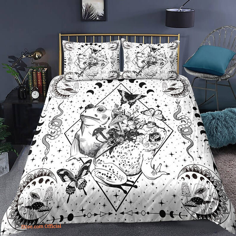 Frog 3pcs Comforter set Bedding set Moon phase Quilt set Black and white For Kids Bedroom
