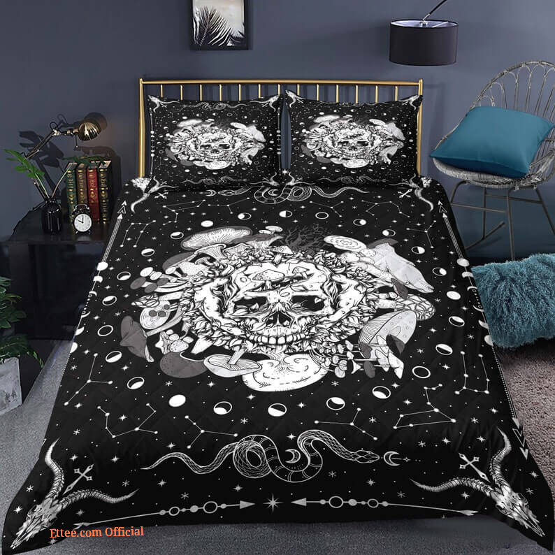 Skull Mushroom Moon Phase 3pcs Comforter set Bedding Black and White Quilt set For Bedroom