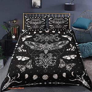 Moth 3pcs Comforter set Bedding set Moon phase Quilt set Black and white For Bedroom - King - Ettee