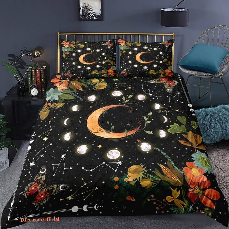 Floral Moon phase 3pcs Comforter set Butterfly Bedding Plant Night Quilt set For Bedroom