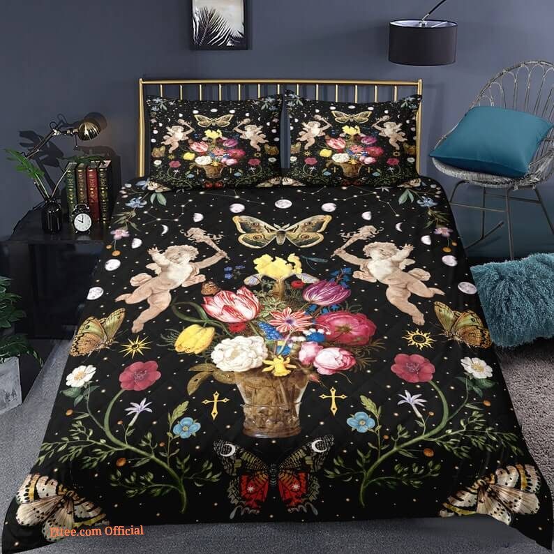 Floral Moon phase 3pcs Comforter set Butterfly Bedding Sun and Moon Quilt set For Bedroom1