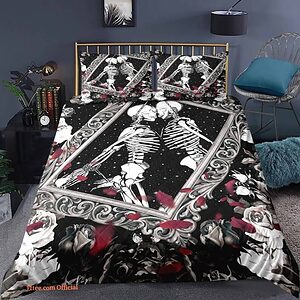 Skull lover 3pcs Comforter set Bedding set Black and White Quilt set For Bedroom - King - Ettee