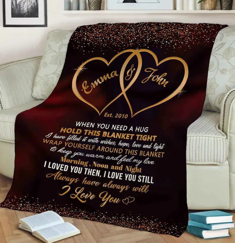 Two Heart Blanket For Couples.Gift For Anniversary.Fleece Blanket With Names & Est
