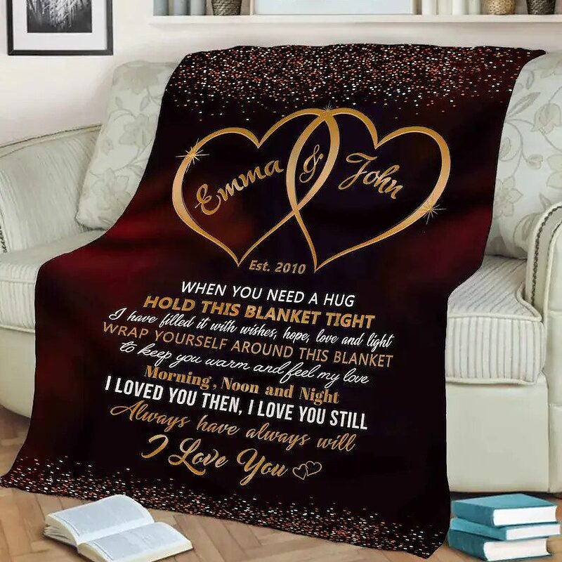 Two Heart Blanket For Couples.Gift For Anniversary.Fleece Blanket With Names & Est - Super King - Ettee