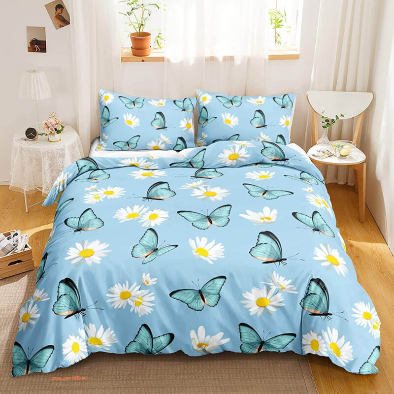 Blue Butterfly Daisy Floral 3 Piece Bedding Set. Luxurious Smooth And Durable