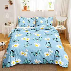 Blue Butterfly Daisy Floral 3 Piece Bedding Set. Luxurious Smooth And Durable - King - Ettee