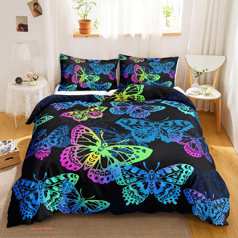 Blue Butterfly Psychedelic Mystic Black 3 Piece Bedding Set