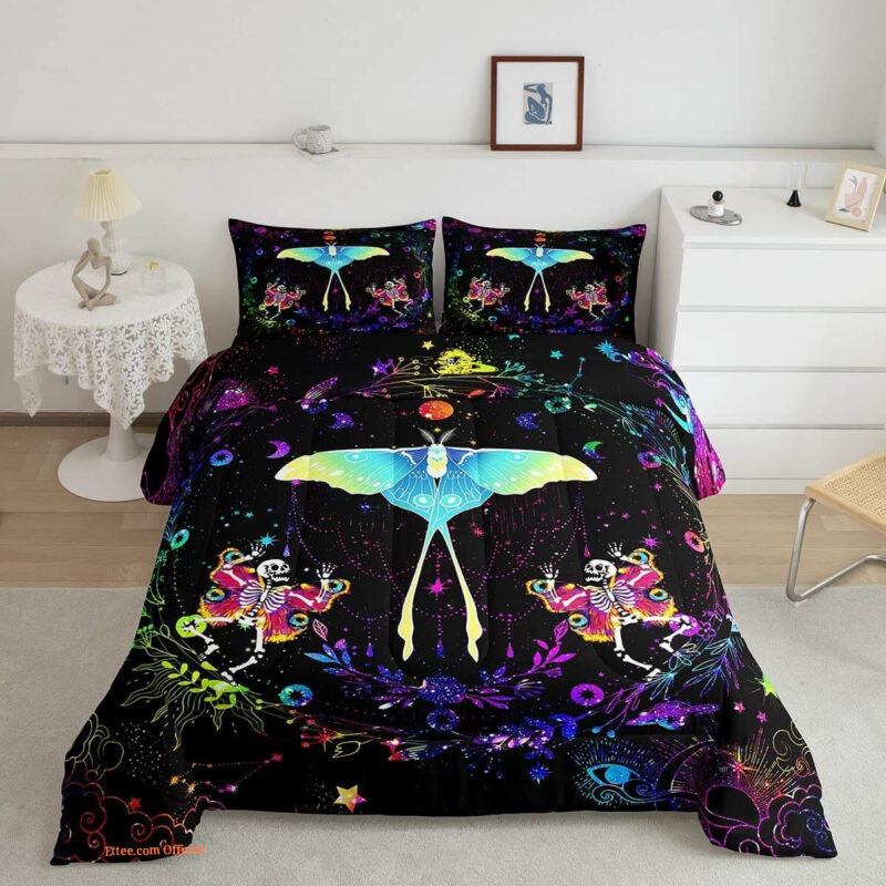 Colorful Tie Dye Comforter Set Death Moth Bedding Set