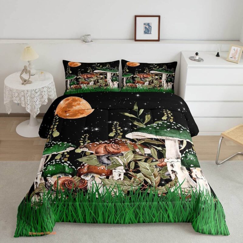 Hippie Mushroom Comforter for Kids Girls Boho Moon Stars Bedding Set