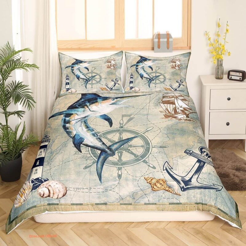 Feelyou Marlin Swordfish Comforter Nautical Anchor Bedding Set