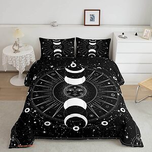 Stars Space Psychedelic Black White Sun and Moon Bedding Set - King - Ettee