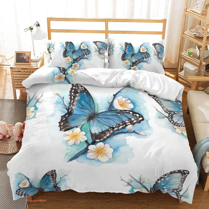 3D - Butterfly Blue Watercolor Butterfly Bedding Set. Luxurious Smooth And Durable