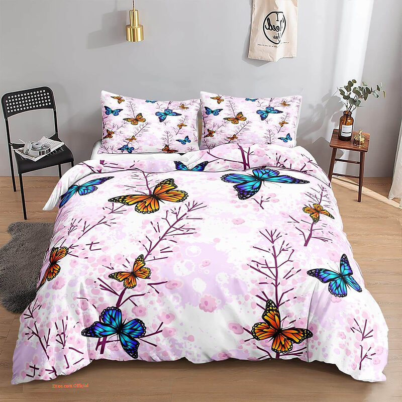 Butterfly Color Pink Bedding Set. Luxurious Smooth And Durable - King - Ettee
