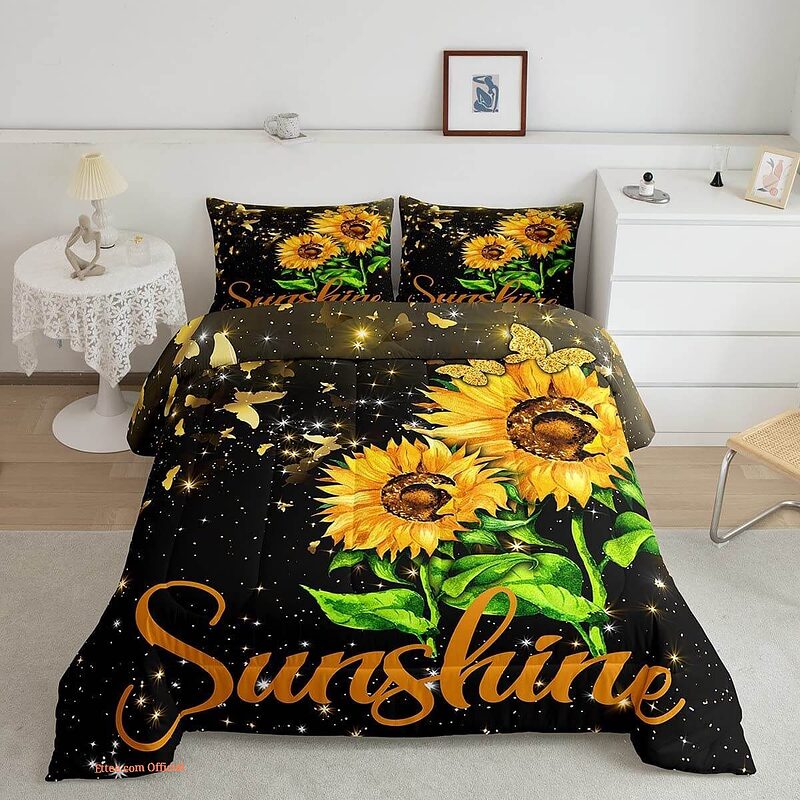 Sunflowers Yellow Color Bedding Set. Comforter Cover w Pillowcases - King - Ettee