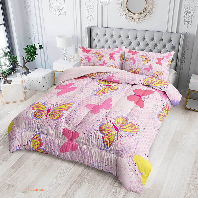 3D Yellow Pink Butterfly Bedding Set. Luxurious Smooth And Durable - King - Ettee