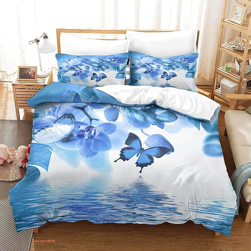 Blue Quilt Butterfly Tree Bedding Set. Smooth And Durable. Close Stitching - King - Ettee