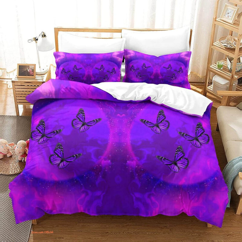 Butterfly Quilt Set Girl 3D Purple Floral Butterfly Bedding Set