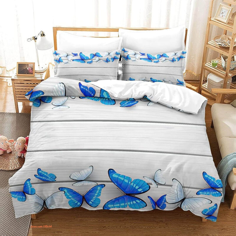 Butterfly Watercolor Blue Butterfly Rustic Wood Plank Bedding Set