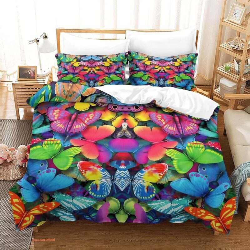 Elegant Home Butterfly Floral Multicolor Blue White Pink Bedding Set