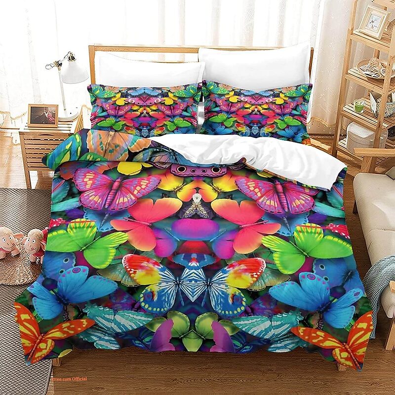 Elegant Home Butterfly Floral Multicolor Blue White Pink Bedding Set - King - Ettee
