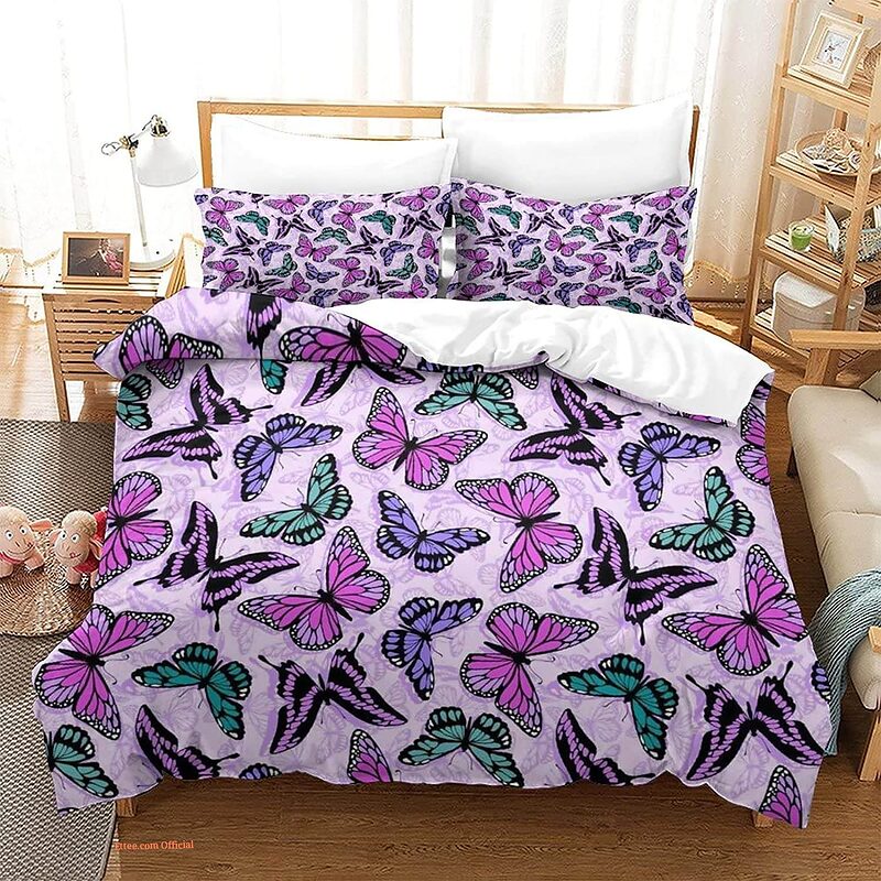 Purple Butterfly Girls Teen Kids Quilted Bedspread Quilt Bedding Set - King - Ettee