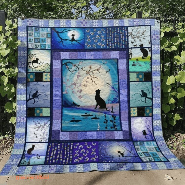 Black Cat Full Moon Night Blossom Flower Pet Lover Quilt Blanket