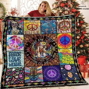 Hippie Girl Peace Love Symbol Music Quilt Blanket. Lightweight And Smooth Comfort - Super King - Ettee
