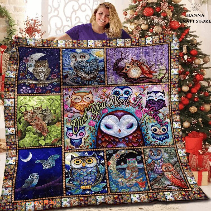 Hippie Owl Wild Animal Cute Nature Lovers Quilt Blanket. Foldable And Compact - Super King - Ettee