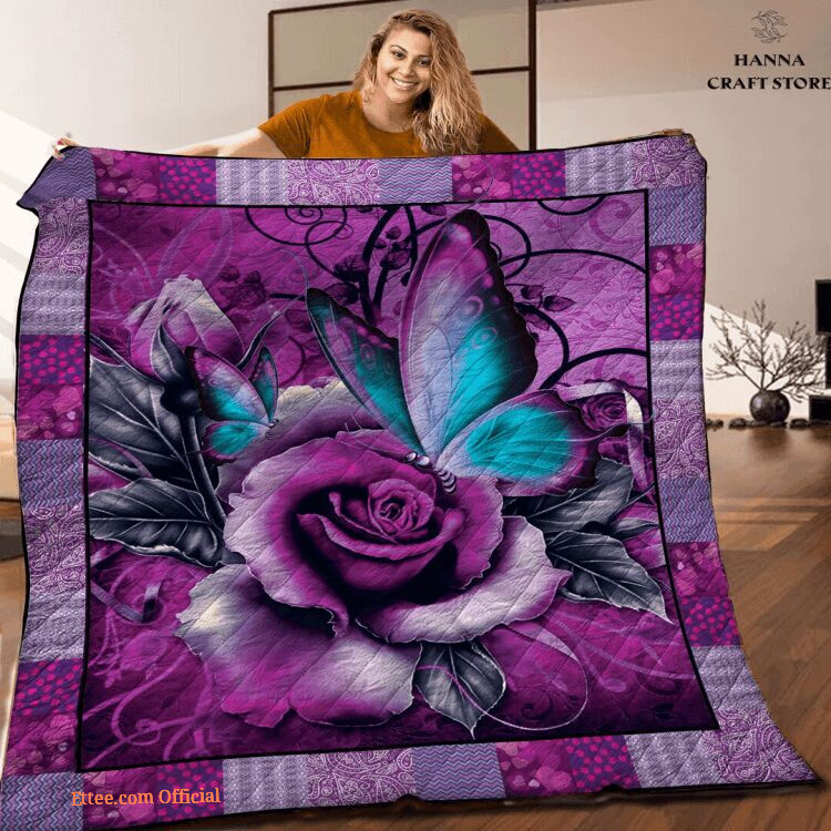 Purple Rose Flower Butterfly Animal Romance Couple Quilt Blanket