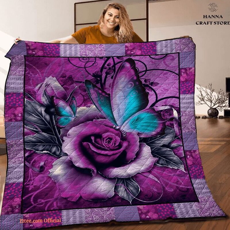 Purple Rose Flower Butterfly Animal Romance Couple Quilt Blanket - Super King - Ettee